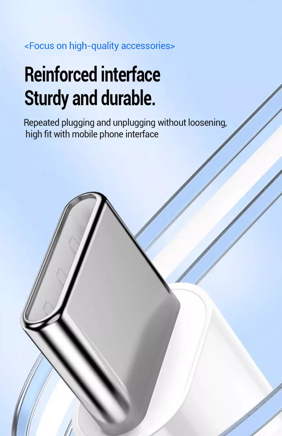 Silver metallic usb-c to lightning fast charging cable connector with white plastic housing.