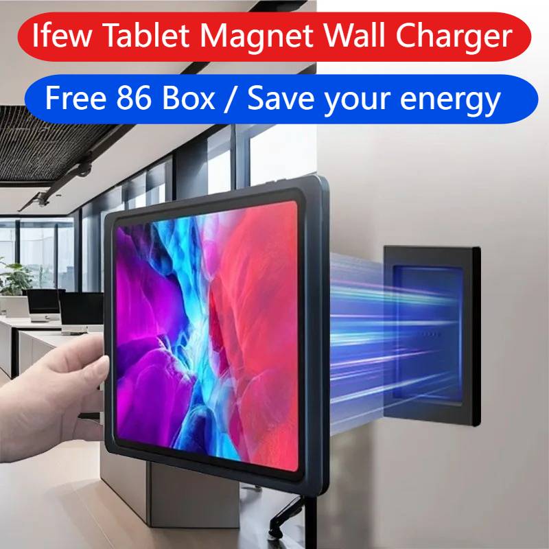 Black framed tablet wall mount magnetic bracket with sleek modern design for iPad charger wall mount use.