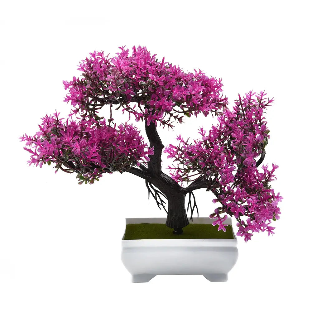 une plante artificielle de type bonsaï très vibrante rose, petit pot d’arbre, avec des branches brun foncé dans un élégant pot en céramique blanc, pour une décoration d’intérieur