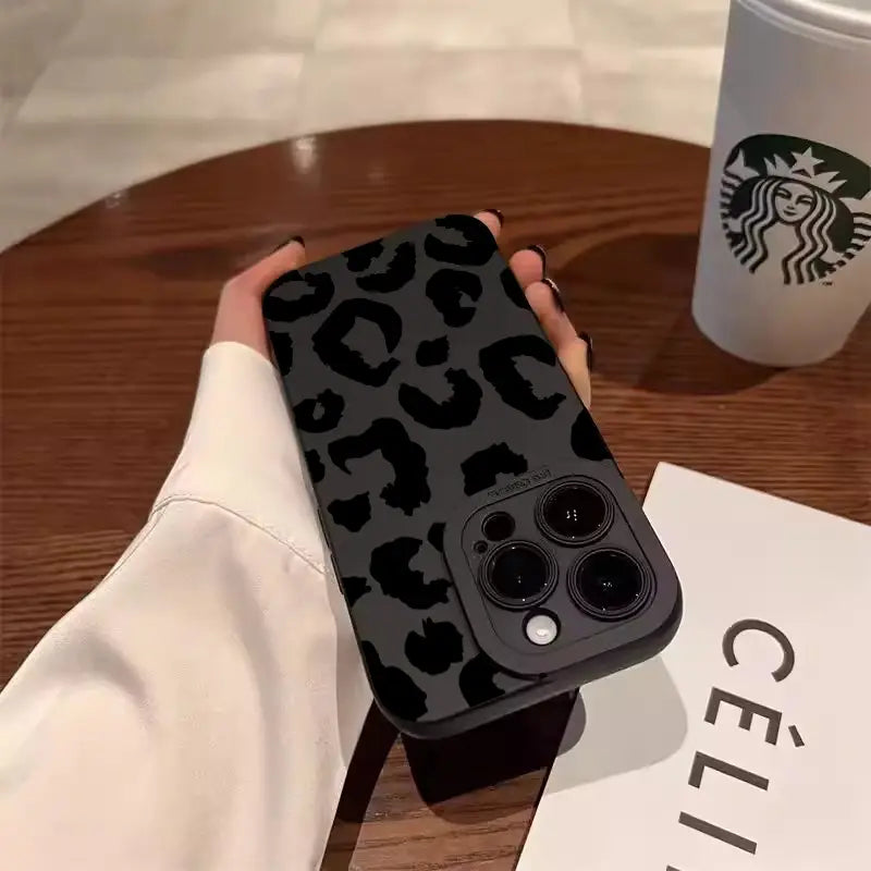 black leopard print matte finish phone case for iphone 13 pro max shown from the back side providing camera protection