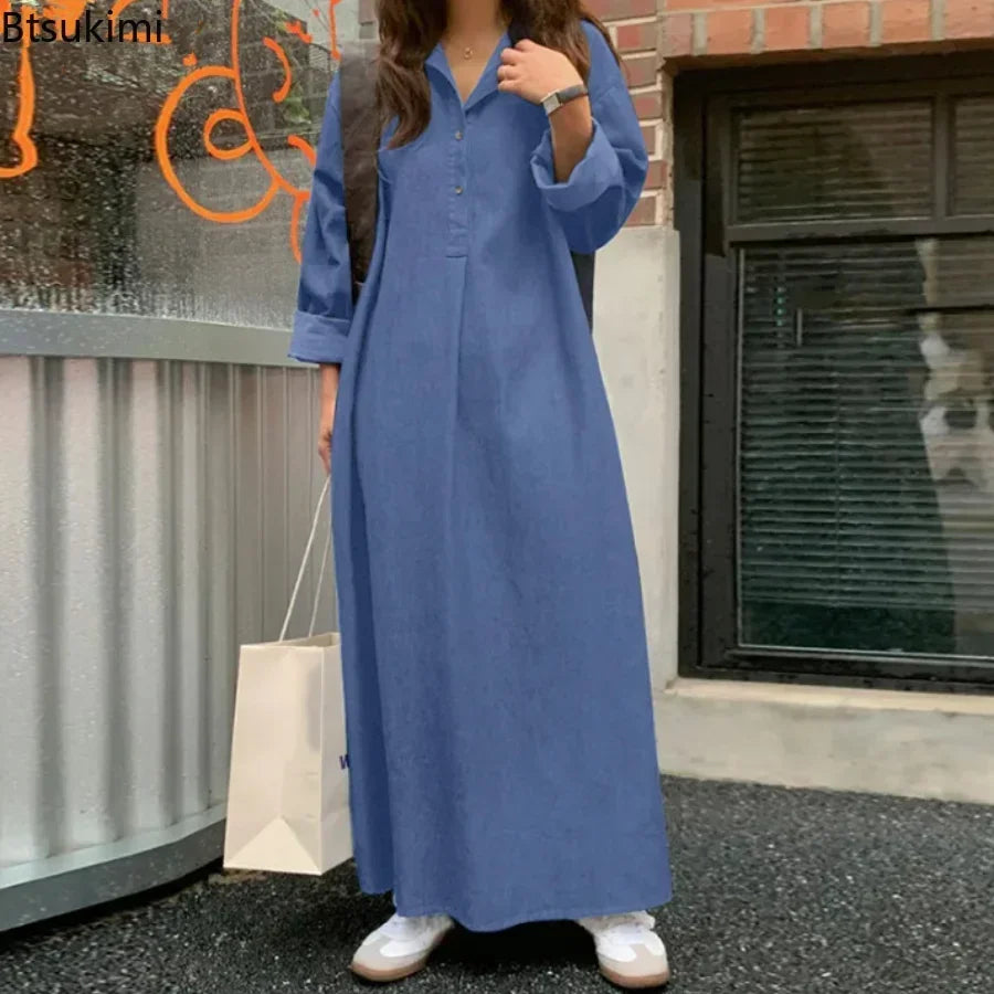 2026 Women's Casual Denim Dress Oversized Korean Vintage Robe Jeans Dress Streetwear Elegant Long Sleeve Solid Maxi Dress Female