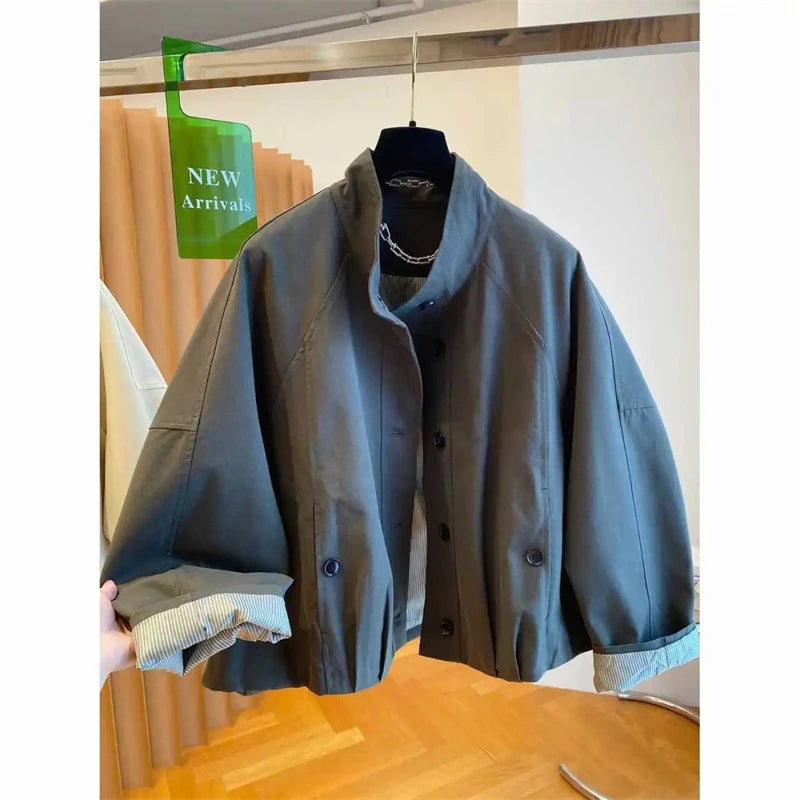 Women Short Trench Coats Striped Lining Loose Windbreaker Jackets Single Breasted Stand Collar Casual Tops Spring Autumn New
