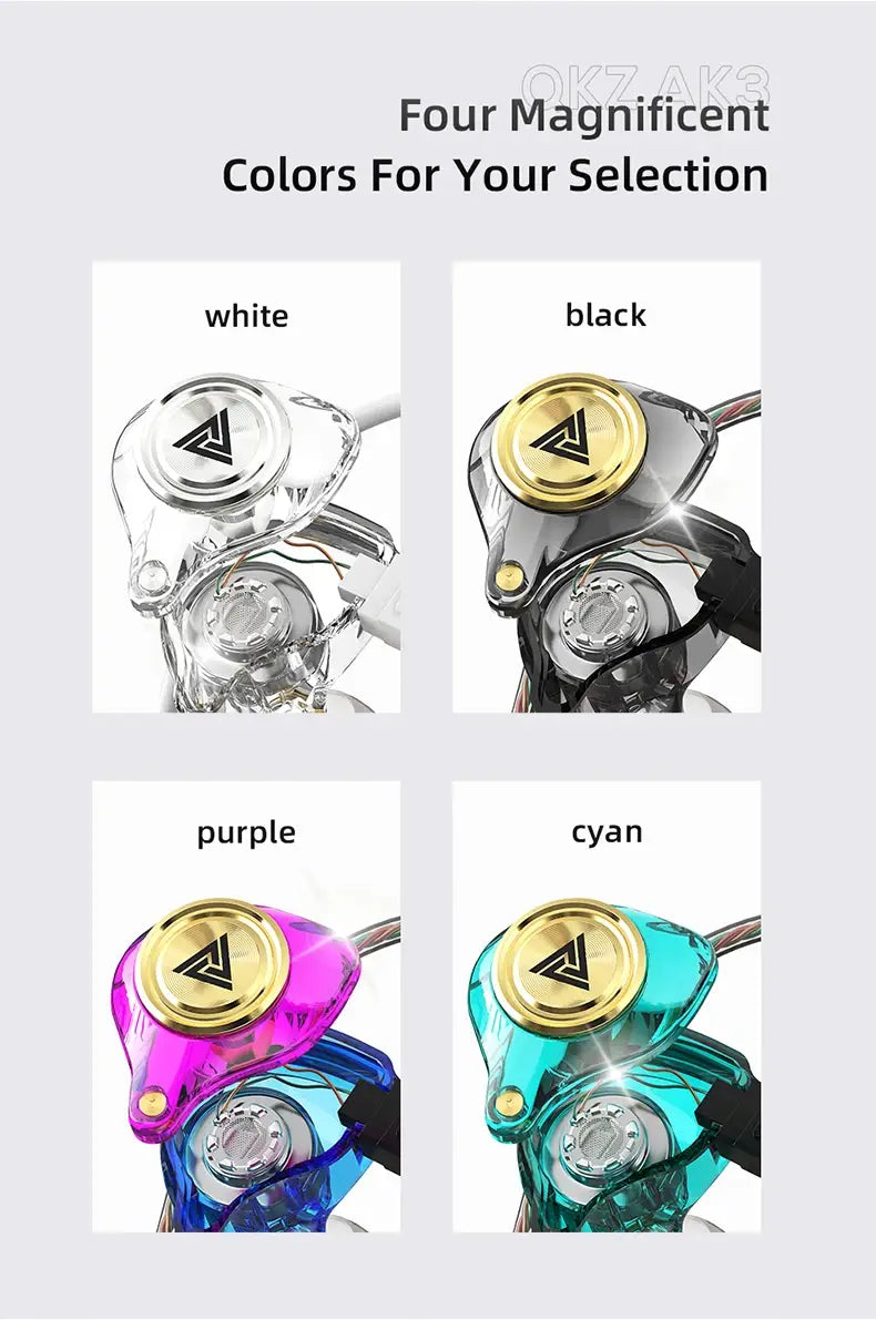 Casque d’écoute intra-auriculaire filaire Qkz AK3 au boîtier transparent clair, avec logo circulaire de couleur or et accents noirs