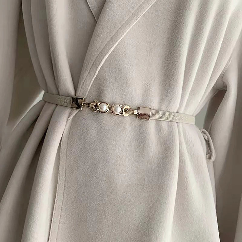 Elegant Double Pearls Buckle Elastic Women Belts Black Thin Straps Lady Girl Dress Skirt Decor Waistbands