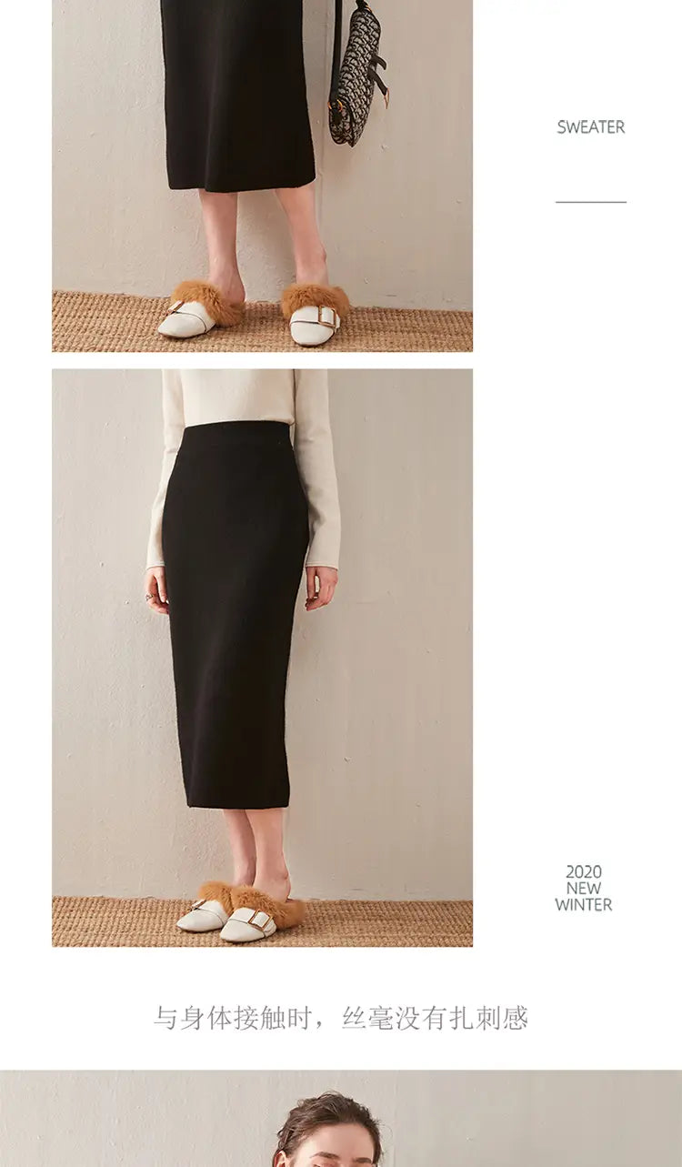 black high-waisted wool knit midi pencil skirt displayed from the back showcasing its fitted silhouette and ribbed texture