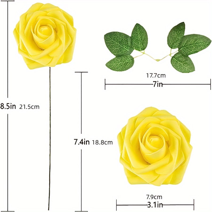 Des fleurs artificielles jaunes, avec des pétales en mousse détaillés de roses et des lianes feuillues vertes pour la décoration, avec des tiges.