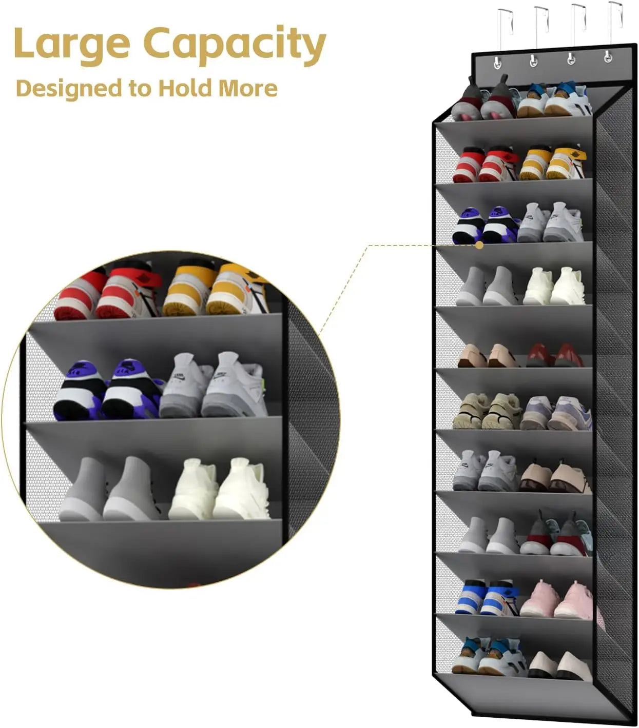 Organisateur de chaussures à mailles grises au-dessus de la porte, avec 10 niveaux et plusieurs crochets de suspension pour un rangement efficace des chaussures
