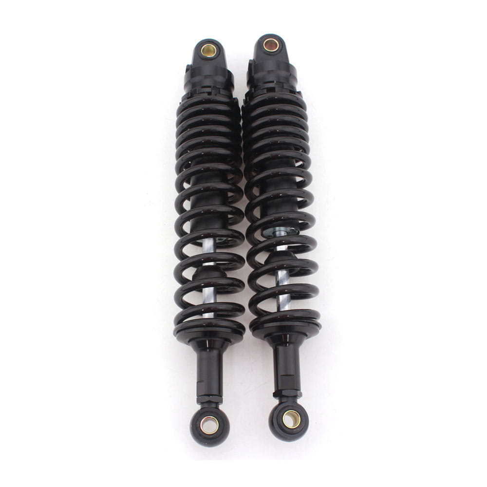 Black 360mm motorcycle rear shock absorbers pair with coiled springs and metallic fittings shown from the back side