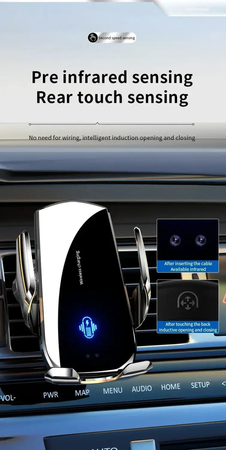Silbernes und schwarzes Kfz-Wireless-Ladegerät mit modernem, elegantem Design und 15-W-Schnelllade-Lüftungshalterung für bequemes Laden des Telefons im Fahrzeug.