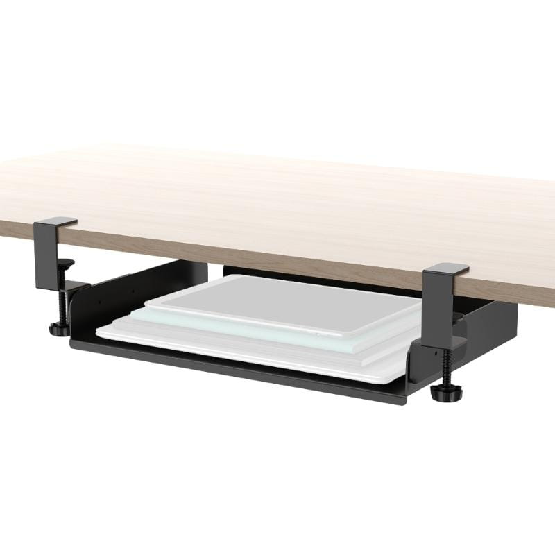 black metal desk organizer with adjustable clamps holding a white tray underneath the table for under desk laptop tray and cable management organizer