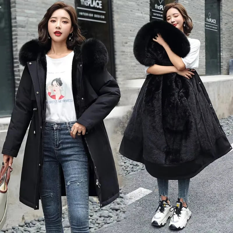 Winter Jacket 2025 New Women Parka Clothes Long Coat Wool Liner Hooded Jacket Fur Collar Thick Warm Snow Wear Padded Parka