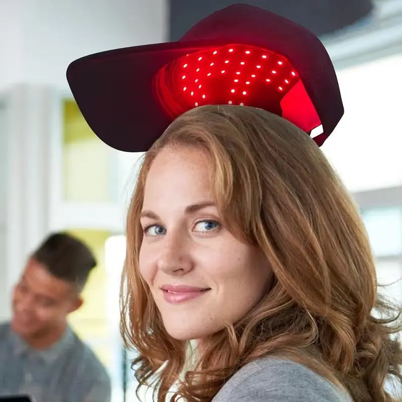 casquette de traitement par lumière rouge pour la pousse des cheveux avec un extérieur en tissu bordeaux foncé et des lumières DEL rouges lumineuses intégrées dans la partie supérieure pour un traitement du cuir chevelu