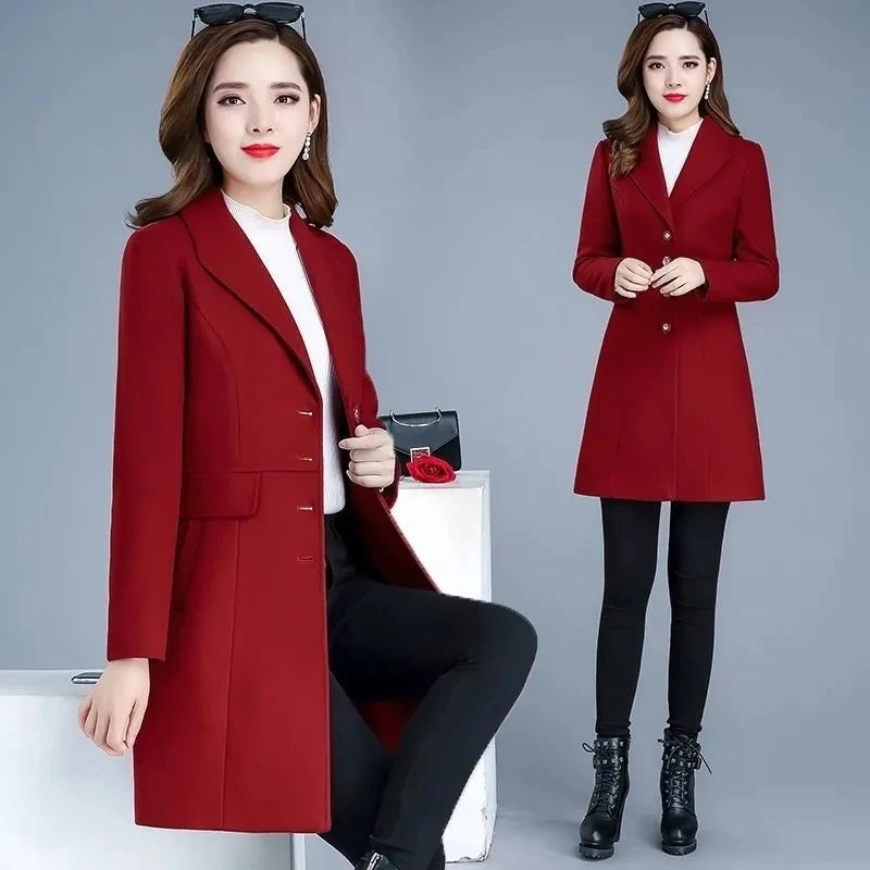 2025 Autumn/Winter New Woolen Coat for Women Medium to Long Slim Single-breasted Fashion Wool Coat Female Thick Casual Overcoat