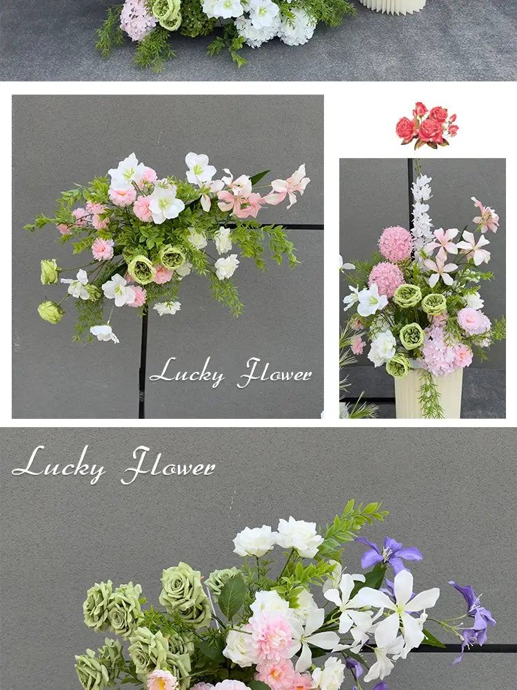 A delicate arrangement of artificial flowers in soft pastel shades of pink white green and subtle purple accents designed for a wedding arch floral backdrop row.