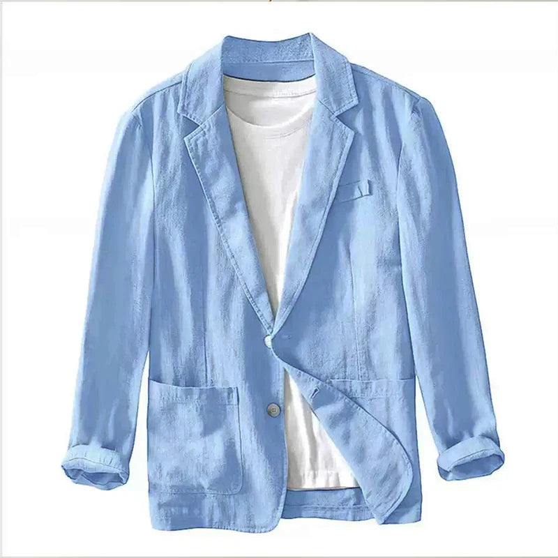 Men cotton casual retro blazer jacket in light blue linen with single button closure and rolled-up sleeves.