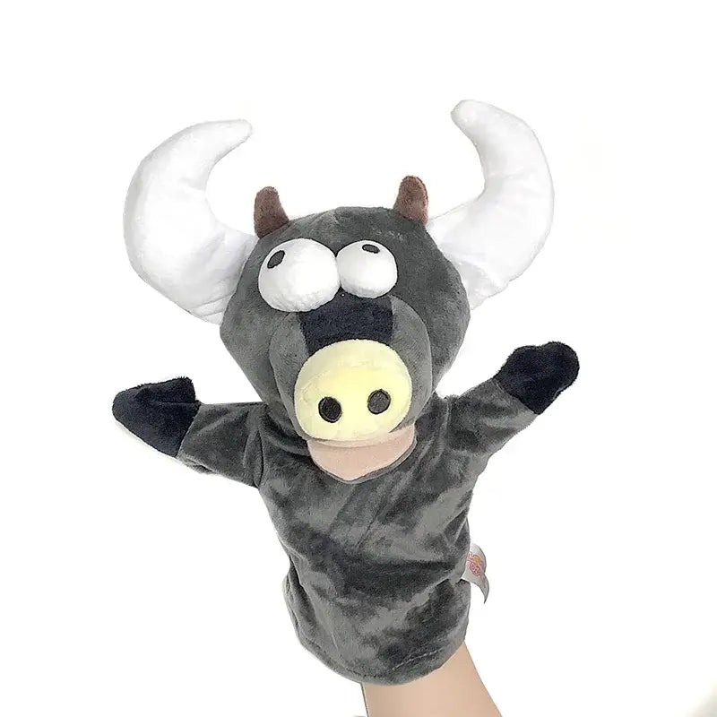 Gray plush hand finger puppet with white horns and a yellow snout from educational baby toys lion elephant bunny collection.