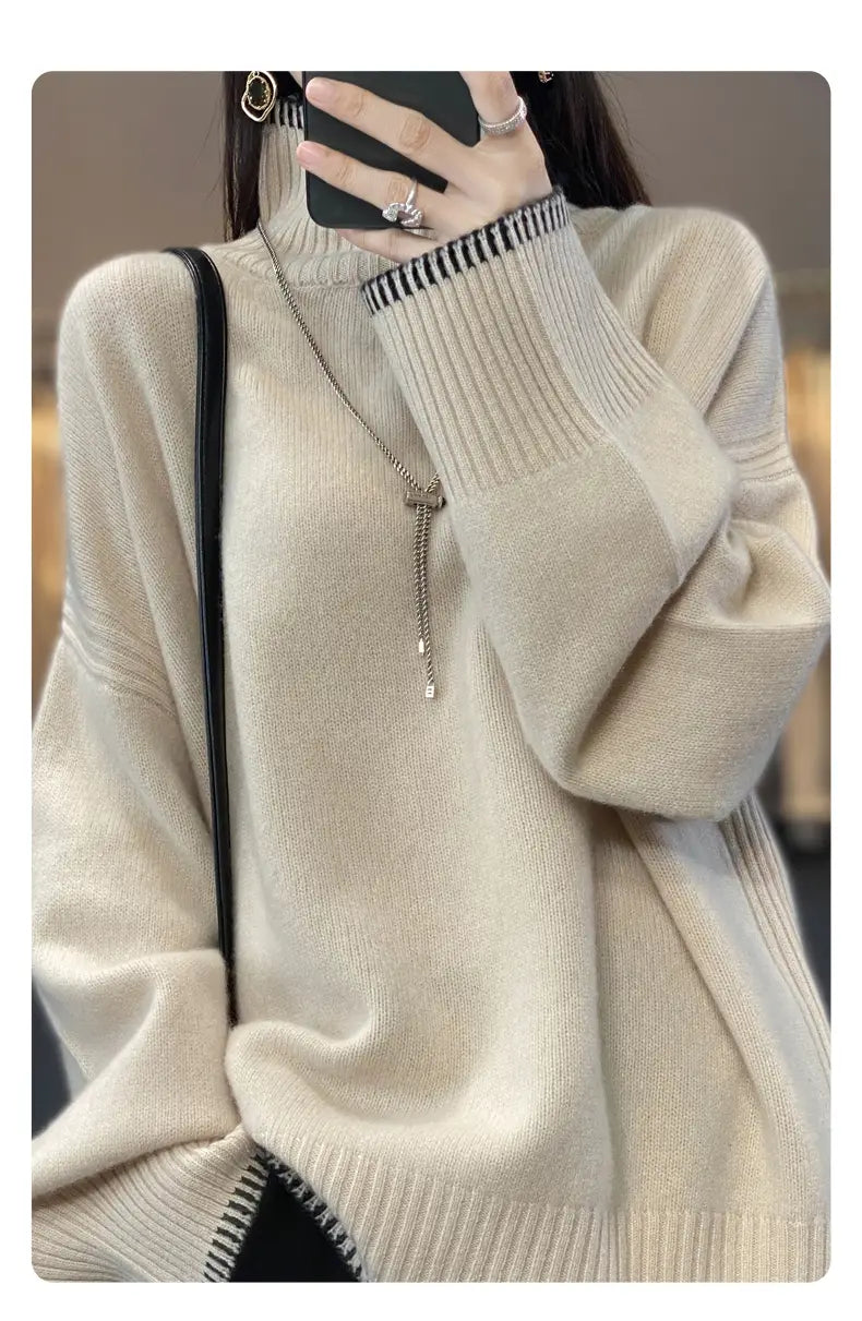 Beige pure wool turtleneck sweater for women with a subtle textured weave and ribbed cuffs and hem.