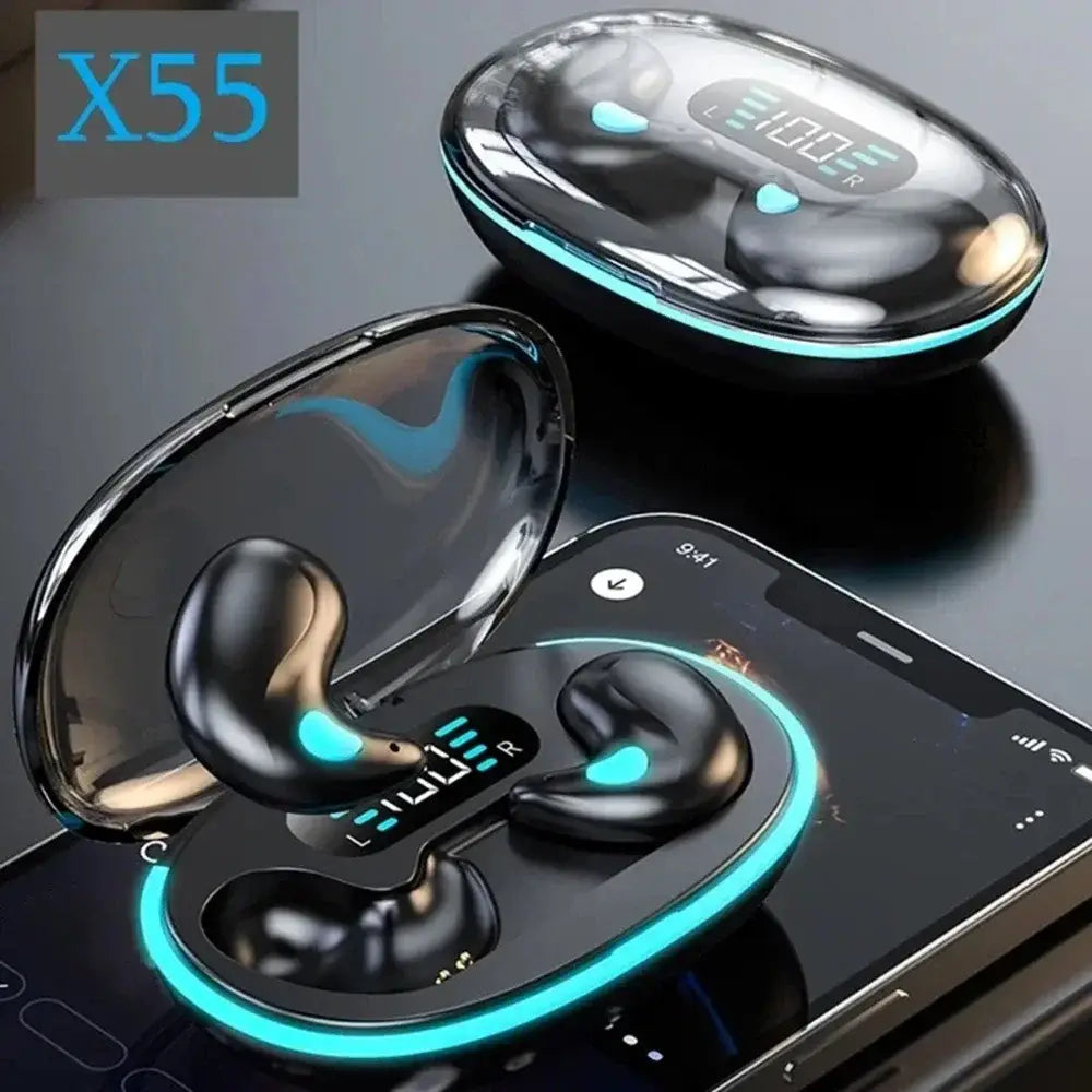 Black wireless sleeping earbuds bluetooth 5.3 mini headphones with teal LED lighting in a sleek glossy charging case labeled X55.