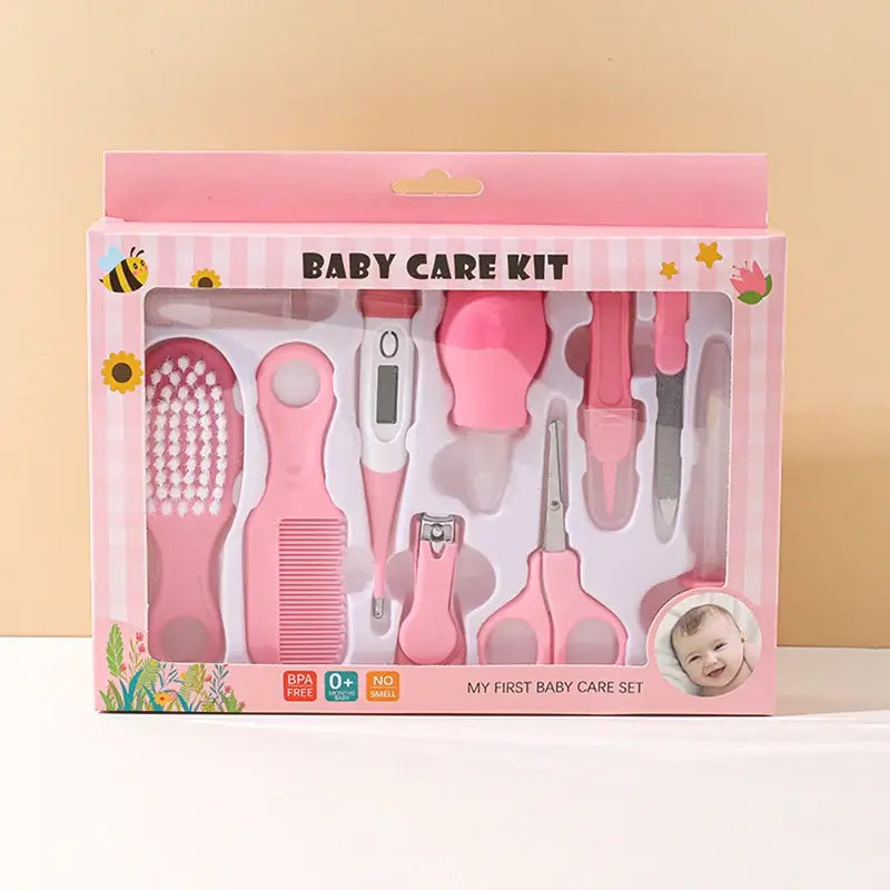 Rosa Plastik-Babypflege-Set 10-in-1 für Neugeborene mit verschiedenen Pflegewerkzeugen und einem digitalen Thermometer zur Säuglingspflege