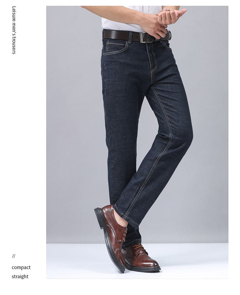 Men’s dark blue stretch cotton straight jeans with white stitching casual trousers.