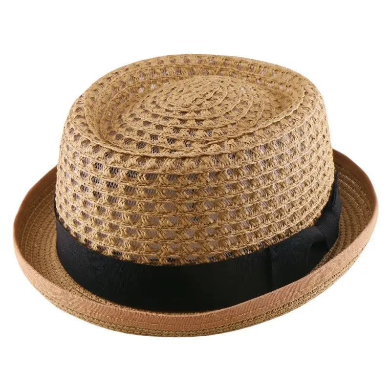 Sombrero de sol tipo fedora de paja tejida color beige claro unisex con banda de satén negra.