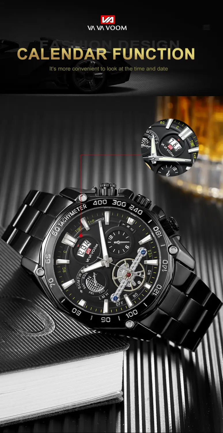 Va va voom Herrenuhr aus luxuriösem Edelstahl mit schwarzem metallic Chromographen-Design, sichtbaren Zahnrädern und sportlich-glänzendem, elegantem Auftritt.