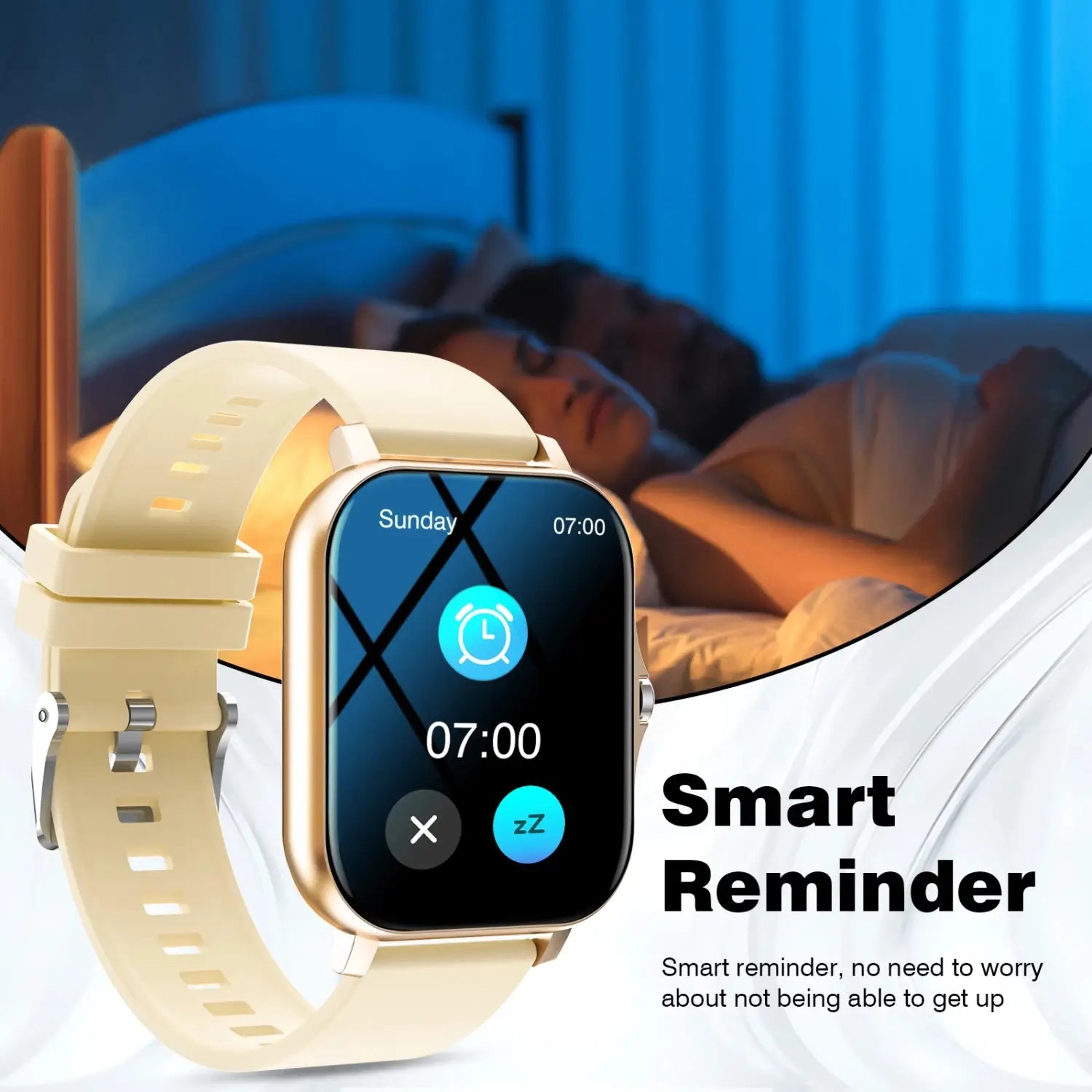 Reloj inteligente Bluetooth 2.01 HD para fitness de silicona color crema, con bisel de tono dorado y pantalla rectangular, que muestra funciones de hora y alarma.