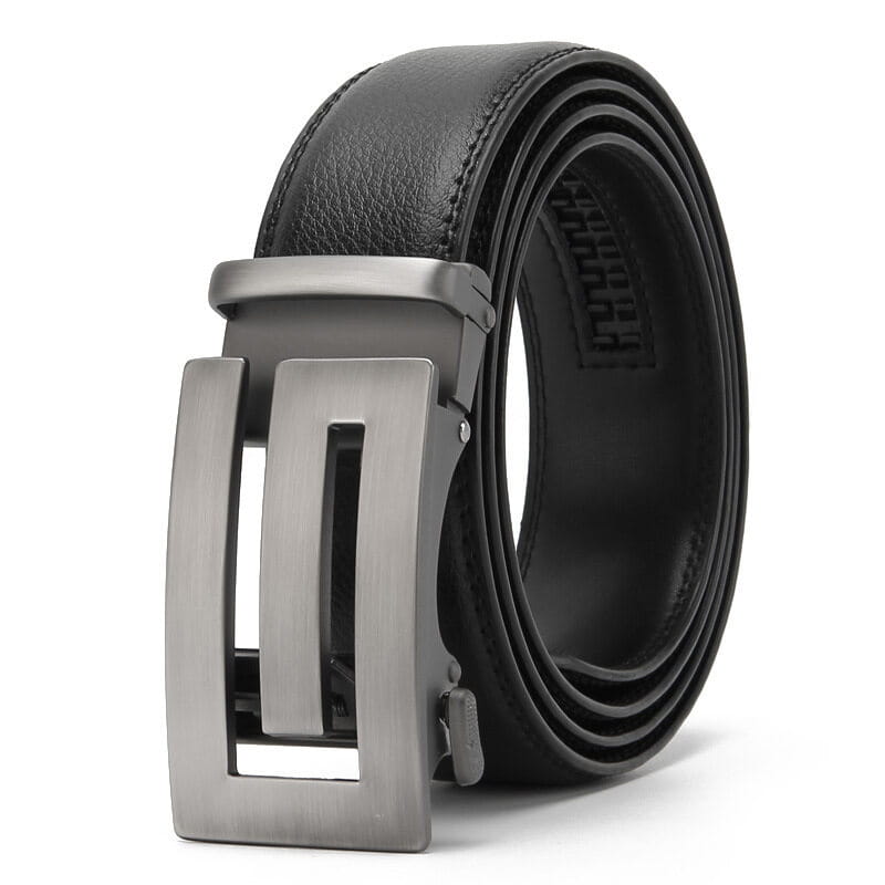 Ceinture automatique en cuir pour homme dotée d’un cuir noir et d’une boucle automatique élégante à finition argentée.