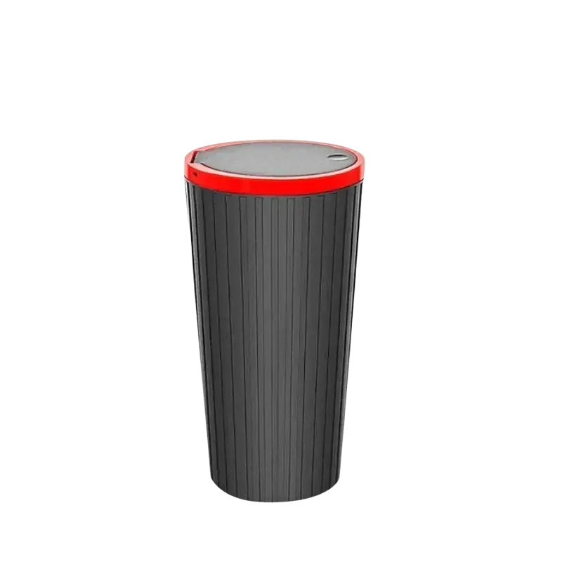 Black ribbed plastic car trash storage bucket with red rimmed lid shown from a front angle