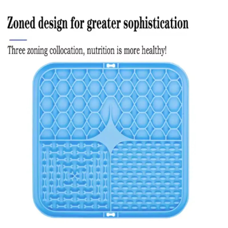 Blue silicone slow feeder pet lick silicone mat with three distinct zones for controlled healthy mealtime nutrition for dogs