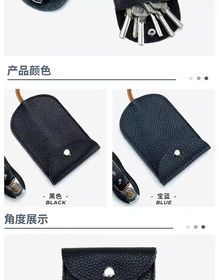 Schwarzes, strukturiertes Leder-Schlüsseletui mit Taschenhalterfunktion, mit silberfarbenem Druckknopfverschluss.