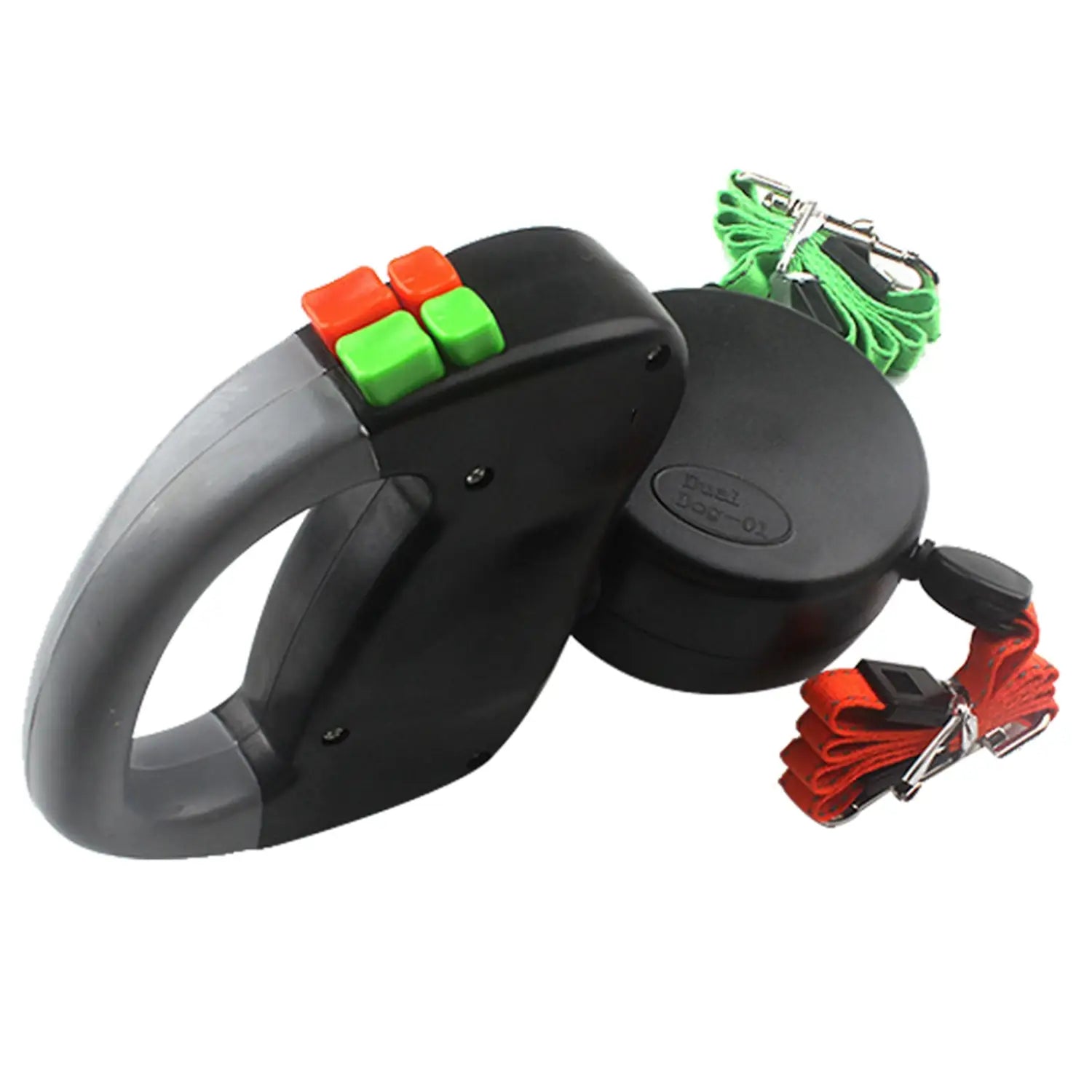 Schwarze ausziehbare Laufzugleine für zwei Hunde mit orangefarbenen und grünen Knöpfen, grauem Griffbereich und gewickelten roten und grünen Gurtbändern, mit 3 Metern Länge.