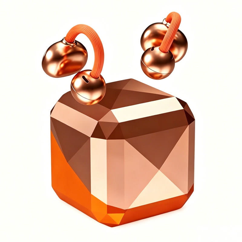 ein Roségoldener, geometrischer Edelstein-förmiger Bluetooth-TWS-Ohrhörer-Lautsprecher mit drei Kupfer-Ohrring-Akzenten, die durch orangefarbene elastische Kordeln befestigt sind; mit kompakter, praktischer Bluetooth-Version-Gestaltung