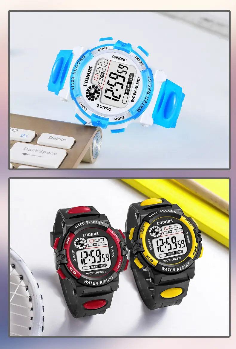 Blue and white digital kids watch with a durable plastic case, bright blue silicone strap, and bold black display showing time and chronograph functions, ideal as a reloj digital waterproof led sports wristwatch.