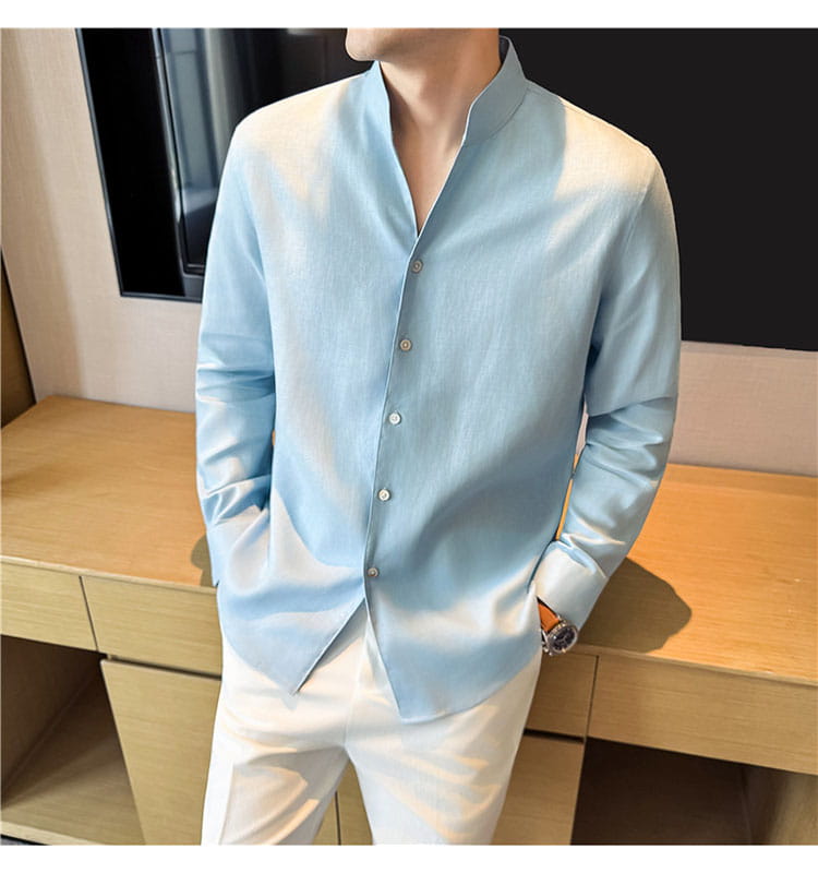 men’s linen shirt featuring a light blue and white gradient with long sleeves and a mandarin collar.