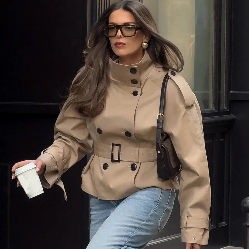 Women's Trench Coat Khaki Short Stand Collar Double Breasted Long Sleeve Jacket 2026Spring Autumn New Lady Casual Street Outwear