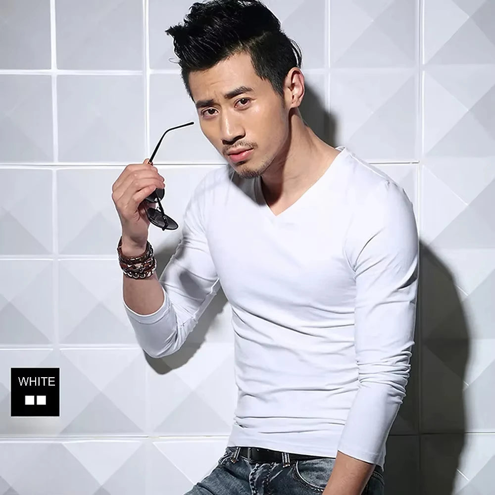 Men's T-Shirts Long Sleeve V Neck T Shirt 2026 MRMT Men Polyester T-Shirt Solid Color Slim Tight Man T Shirt For Male