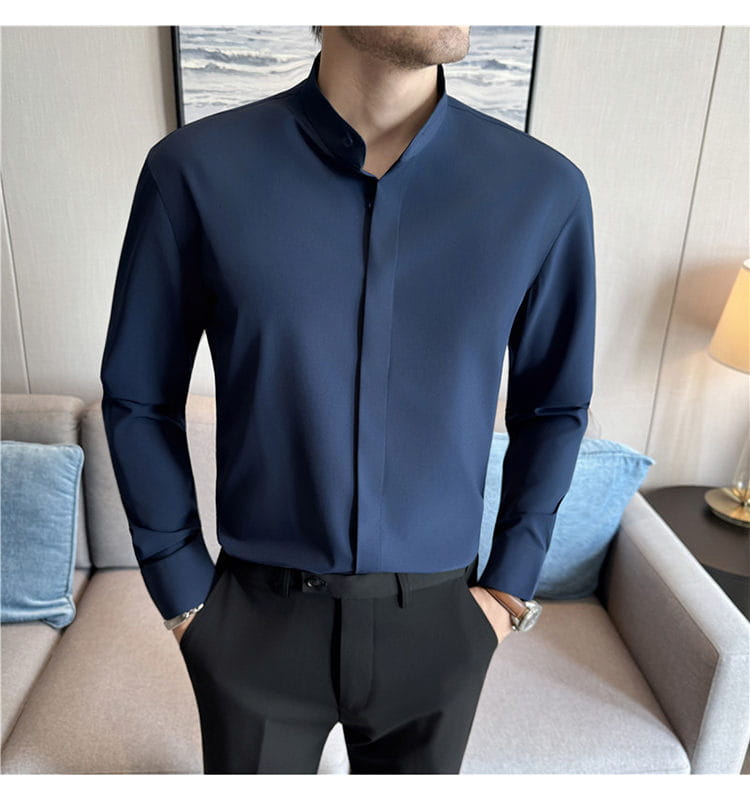 Navy blue slim fit men dress shirt with a mandarin stand collar designed for formal occasions and ensuring the correct size.