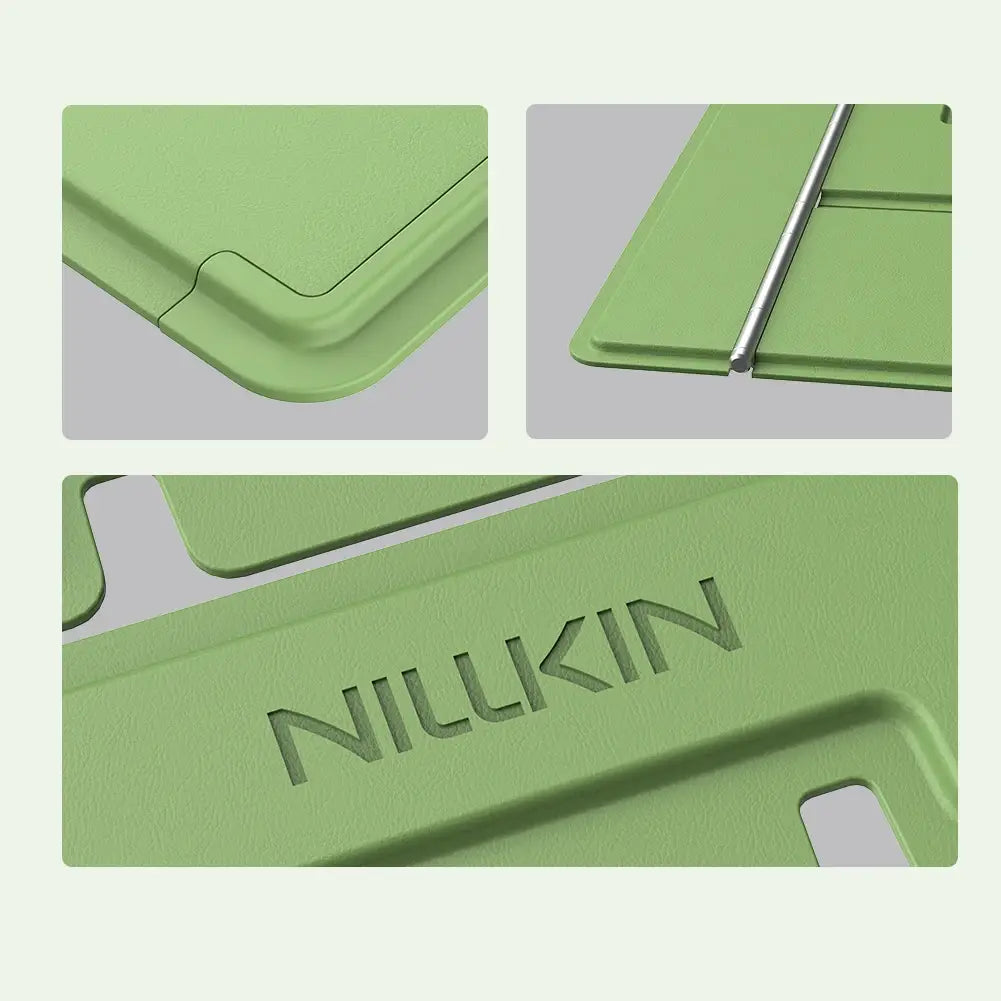 Light green nilkin tablet case with a sleek minimalist design and subtle embossed branding shown alongside the dualwing adhesive laptop stand computer bracket type.