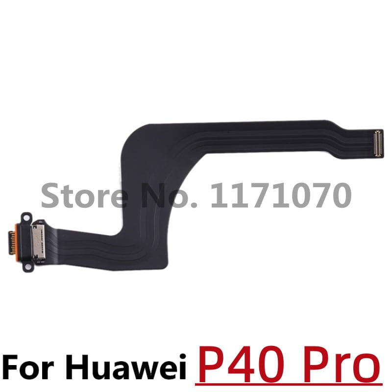 black flexible ribbon cable with metallic connectors for Huawei P40 Pro shown from the back side compatible with p10 p20 p30 charging port flex cable replacement