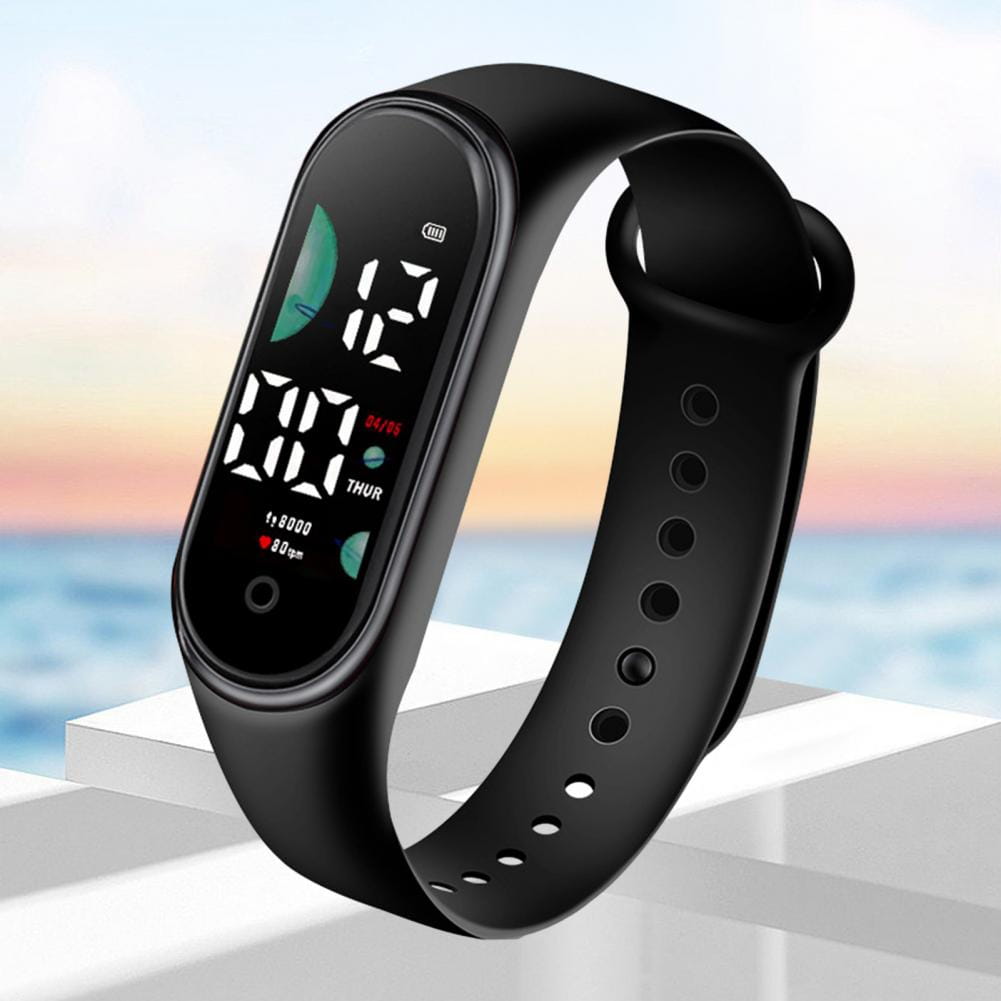 black silicone strap electronic watch featuring a large font screen rectangular digital display showing time date and step count designed for sports use