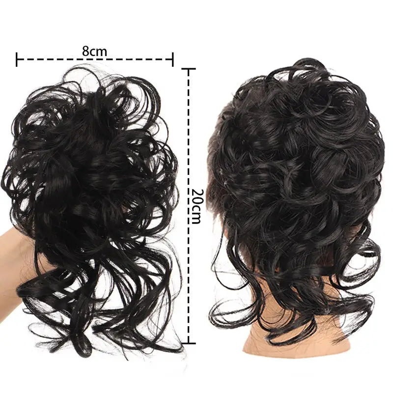 black synthetic curly hair bun scrunchie with a voluminous textured design for elegant hairstyling.