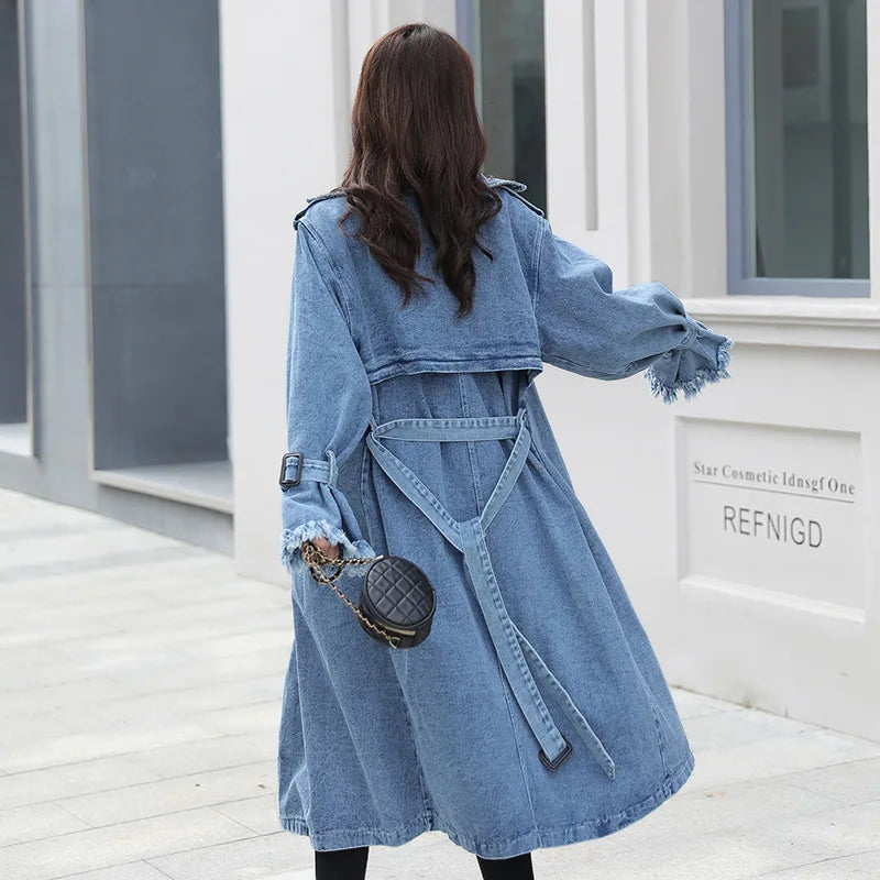 Trench Denim Coat Women Long Coats Lace Up Belt High Waist Turn Down Collar Maxi Jackets Y2k Single Breasted Elegant Autumn