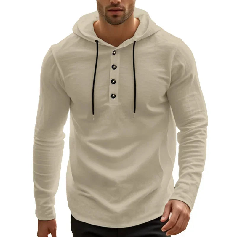 2026 New Men's  T-Shirts Spring Summer Hooded Cotton Linen Tops for Men Soft Loose Henley Shirt Casual Button Long Sleeve Shirts
