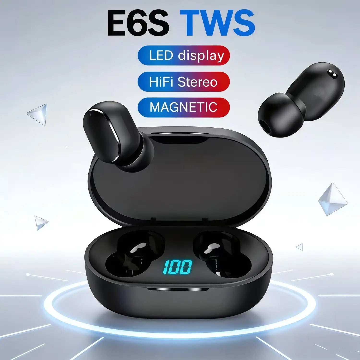 Écouteurs sans fil Bluetooth E6s noirs avec écran LED et boîtier de charge magnétique, pour un chargement pratique et un usage portable.