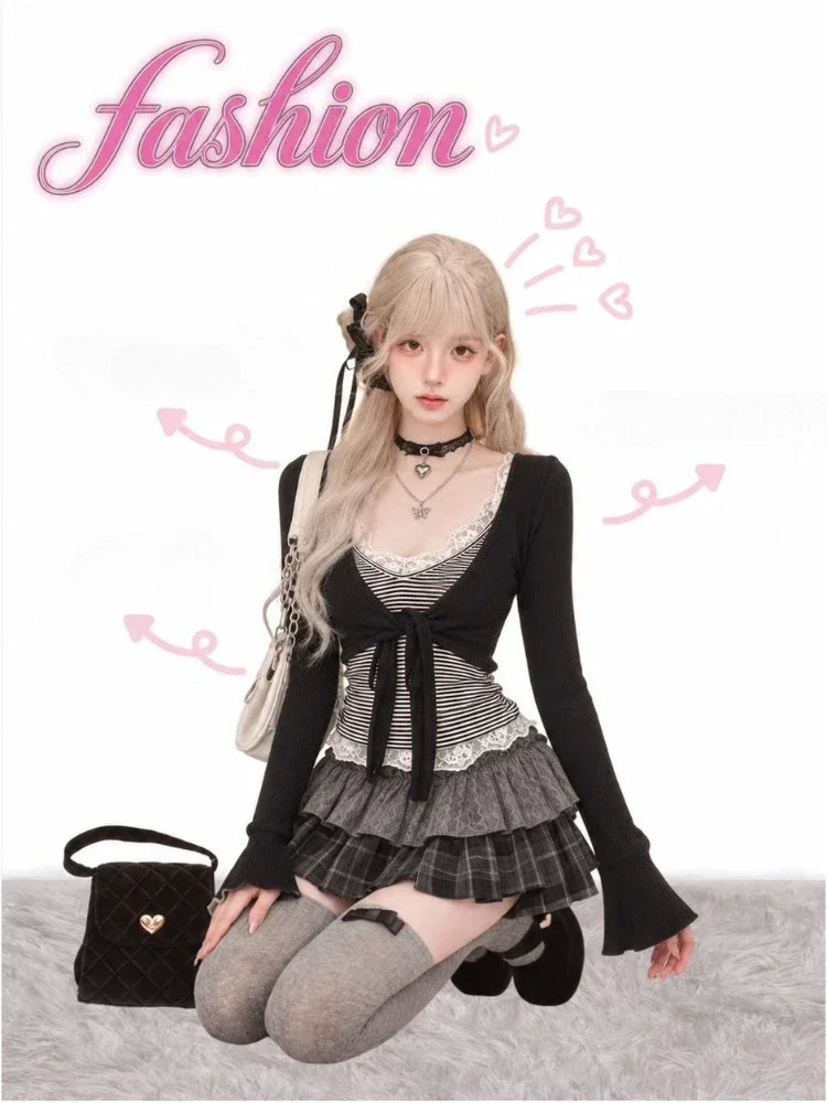 Women Chic Party 2 Piece Matching Outfit Sets Y2K Crop Top Blouse & Mini Skirt Korean Fashion American Vintage Streetwear Suits