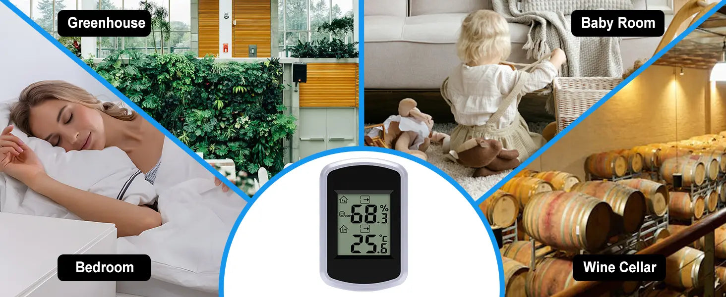 Schwarze digitale Anzeige für Innenraumtemperatur und -luftfeuchtigkeit mit weißer Anzeige, die Temperatur- und Feuchtigkeitswerte sowie eine Komfortwarnungsfunktion anzeigt.