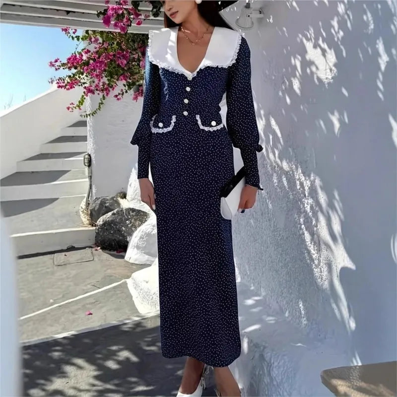 2025 Autumn Winter Dress Women Fall Trend Long Sleeve V-Neck Polka Dot Sexy Elegant Evening Party Skinny Stretch Maxi Bodycon