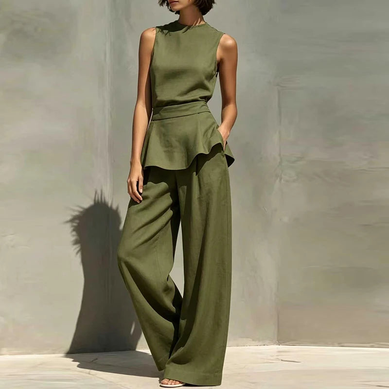 Office Lady Outfits Women Fashion Two Piece Set Summer Sleeveless O Neck Vest Sleeveless Shirt High Waist Pants Suit Work Wear