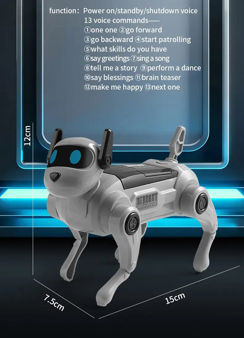 Gray and black abs plastic diy assembled dog voice control robot toy from mainland china with blue glowing eyes labeled mirrobot on its side.